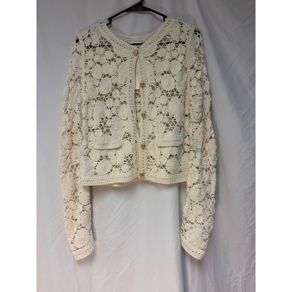 Cloth by Design Ivory Crochet Floral Medallion Cardigan Jacket Gold Buttons S